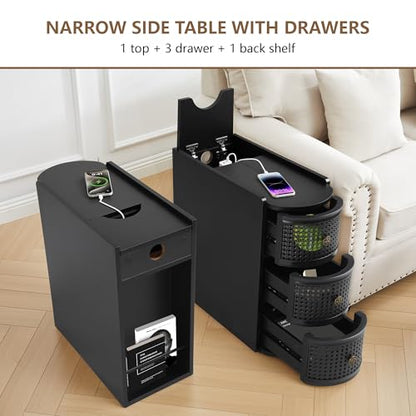 Narrow End Table Set of 2, Metal Rattan Side Table with Storage, Narrow Charging Nightstand with 3 Drawer for Bedroom Bedside, Living Room Couch Sofa, Desk Side Table for Small Spaces - Black - size: Drawer Black-set