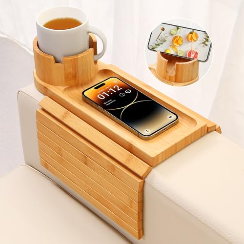 Couch Cup Holder,Bamboo Couch Arm Tray with 360° Rotating Cup Holder,Foldable Anti-Slip Sofa Arm Chair Tray for Eating Snack Drink Side Table - color: Natural