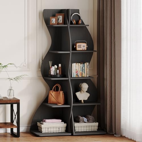 Tribesigns Wavy Corner Shelf Set of 2, Modern 5-Tier Bookshelf Etagere Bookcase with Curvy Shape, Unique Plant Stand Display Shelf for Living Room Small Space (Black) - color: Black