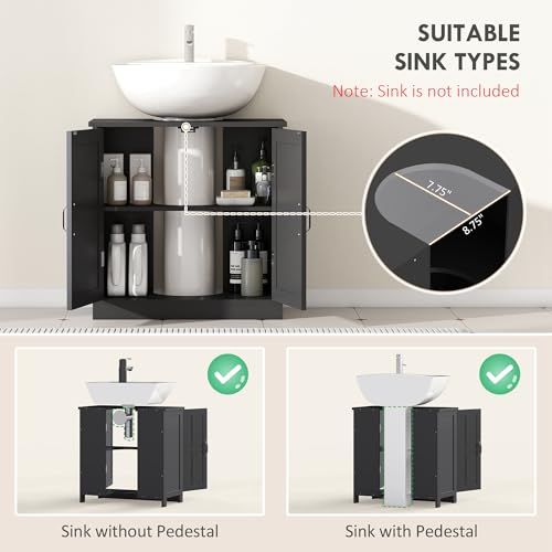 kleankin Pedestal Sink Storage Cabinet, Under Sink Cabinet with 2 Doors and Adjustable Shelf, Bathroom Vanity with U-Shape Cut-Out, Black - color: Black