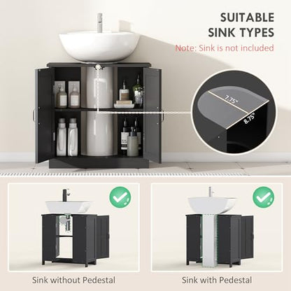 kleankin Pedestal Sink Storage Cabinet, Under Sink Cabinet with 2 Doors and Adjustable Shelf, Bathroom Vanity with U-Shape Cut-Out, Black - color: Black