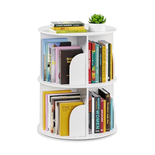 SpaceAid 2 Tier Rotating Bookshelf Tower, Spinning Bookcase Lazy Susan, Revolving 360 Book Shelf Storage Round Carousel, Vertical Rotate Turning Spiral Corner Organizer, White - color: White, size: 2 Tier, 25.6" H
