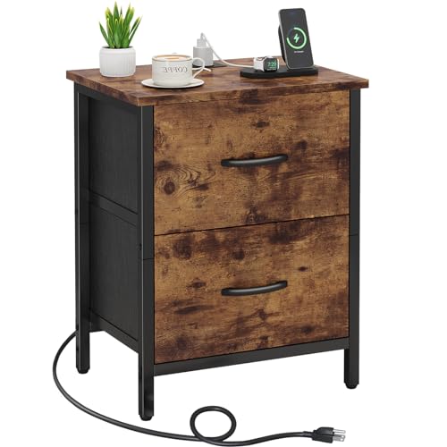 Vagusicc Nightstand with Charging Station, Bedside Table with USB Ports and Outlet, End Table Side Table with 2 Fabric Drawers for Bedroom, Living Room, Rustic Brown - color: Rustic Brown (1 Pack)