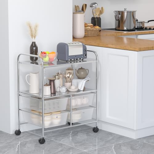 RELAX4LIFE Rolling Storage Cart with 4 Drawers & 2 Shelves, Metal Frame Paper Scrapbook File Organizer for Home Office, School Classroom, Movable Art Craft Cart (Clear) - color: Clear