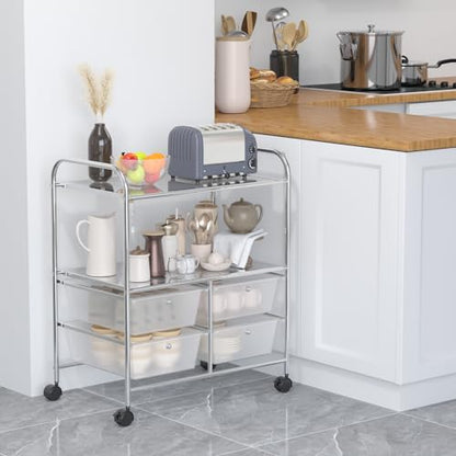RELAX4LIFE Rolling Storage Cart with 4 Drawers & 2 Shelves, Metal Frame Paper Scrapbook File Organizer for Home Office, School Classroom, Movable Art Craft Cart (Clear) - color: Clear