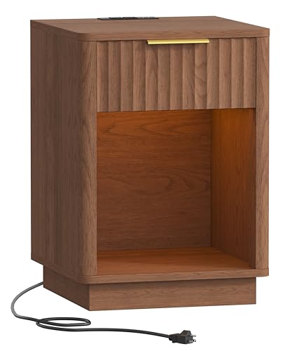 Akxomel Fluted Nightstand, Wooden Night Stand with Charging Station and LED Light, Modern Mid Century End Table with Drawer, 15" D x 15.7" W x 22.6" H, for Bedroom, Walnut - color: Walnut