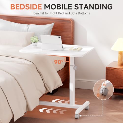 GTPLAYER Small Standing Desk, 24 Inches Mobile Rolling Laptop PC Table with Lockable Casters, Adjustable Height Overbed Bedside Table Computer Workstation for Home Office, White-Fixed - color: White-fixed