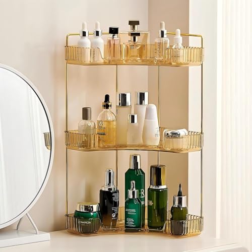 Ceruaxb 3-Tier Corner Bathroom Counter Organizer, Plastic Countertop Makeup Organizer, Large Capacity Vanity Bathroom Perfume Shelf Rack for Kitchen Office Desktop (Amber) - color: Amber