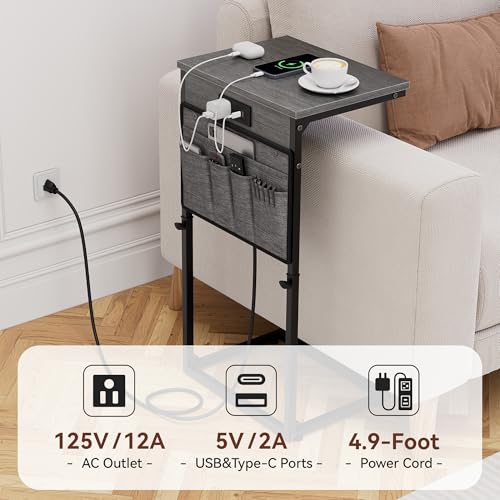 Vagusicc C-Shaped End Table with Charging Station, Small Side Table for Couch, 33" Tall Adjustable Height C Table, Couch Tables that Slide Under, Sofa Table TV Tray for Living Room, Gray Walnut - color: 1pc Gray Walnut