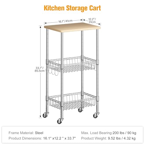 Homeiju Rolling Kitchen Storage Cart, 3-Tier Storage Rack on Caster Wheels with Adjustable 2 Baskets, Coffee Station Cart Rack Shelf Organizer for Living Room Office, Balcony, Chrome/Silver