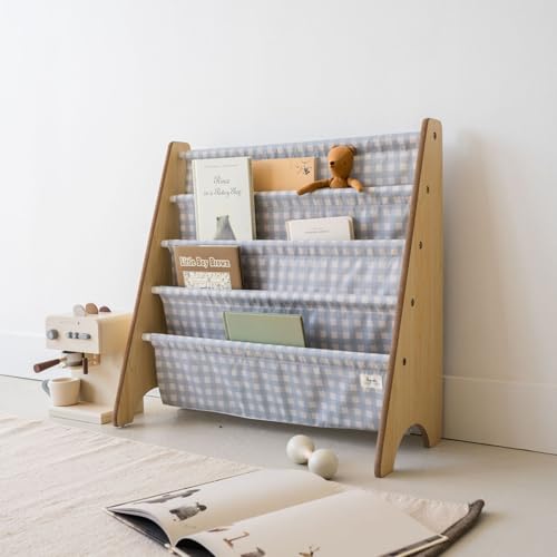 3 Sprouts Recycled Kids Bookshelf, Holds 35 Books, 4-Tier, Gingham Blue | Space-saving bookshelf, Children's room, Toddler bookcase organizer, Ages 3+, Book/toy storage, Front-facing, Covers visible - color: Gingham Blue
