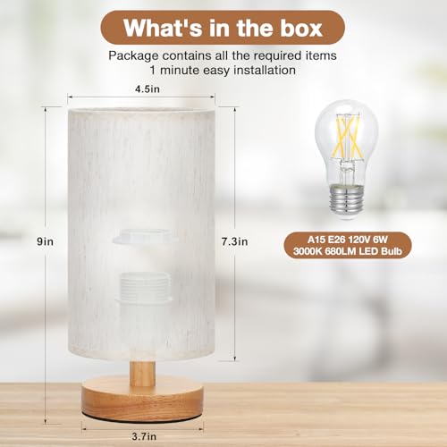 Fenmzee Small Table Lamp for Bedroom - Inline Control, Bedside Lamp with 3000K A15 LED Blub, Easy Assembly (Cream Shade - Wood Base, 9" Inline Control) - color: Cream Shade - Wood Base