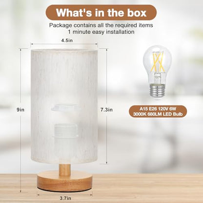 Fenmzee Small Table Lamp for Bedroom - Inline Control, Bedside Lamp with 3000K A15 LED Blub, Easy Assembly (Cream Shade - Wood Base, 9" Inline Control) - color: Cream Shade - Wood Base