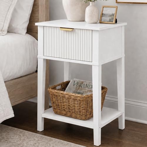 Modern Fluted Small Wood Nightstand, 11.8" Deep x 15.4" Narrow Bedside Table with Drawer & Open Shelf, Farmhouse Chic Accent Side Table for Bedroom & Sofa - White | Bright white tone, ribbed fluted front, 11.8-inch slim depth, concealed storage, clean fit