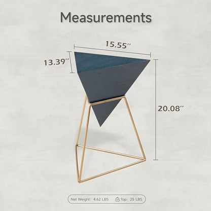 COZAYH Modern Geometric End Table with Wooden Top and Golden Metal Base, Unique Pyramid Side Table Plant Stand for Office, Living Room, Bedroom, Fully Assembled, Triangle, Blue - color: Blue