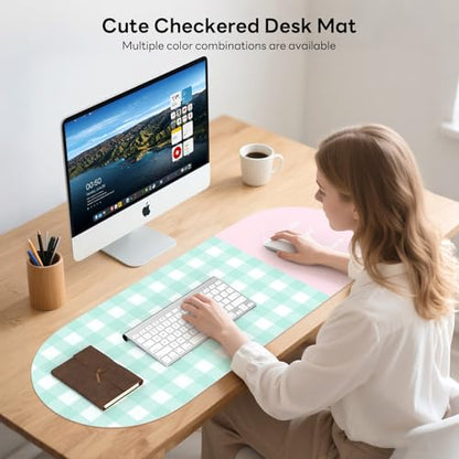 Checkered Pattern Desk Pad Protector, 35.5 x 13'' Aesthetic Mouse Mat for Desktop, Waterproof PU Leathe Non-Slip Desk Writing Pad for Office and Home, Blue-Green Pink - color: Blue-green Pink