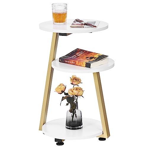 BEWISHOME Round End Table Side Table, White Gold, KTZ41M | Metal Frame, 3-Tier Shelves, Accent Bedside Table Nightstand, Small Couch Table - color: White, size: without PowerOutlet