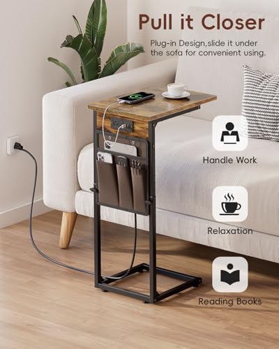 C-Shaped End Tables Set of 2 with Charging Station, 33'' Tall C Table Adjustable Height Side Table, Sofa Table for Couch, Couch Table that Slide Under Sofa, TV Trays for Living Room, Brown - color: 2pc Rustic Brown, style: With Plug