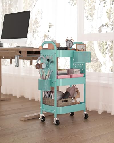 ALVOROG 3 Tier Rolling Cart with DIY Pegboards Metal Utility Cart with Wheels Handles Baskets Hooks, Craft Cart for Office Kitchen Bathroom(Tiffany Blue) - color: Tiffany Blue