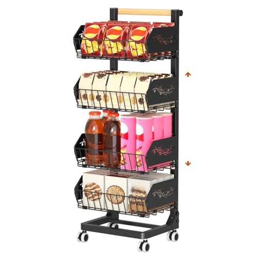 4-Tier Kitchen Snack Cart with Wheels，Height-Adjustable，Upgraded Wider and Thicker, Multi-Purpose Rolling Storage Cart for for Kitchen, Dining Room, Bathroom, Laundry Room, Office - color: Black-adjustable