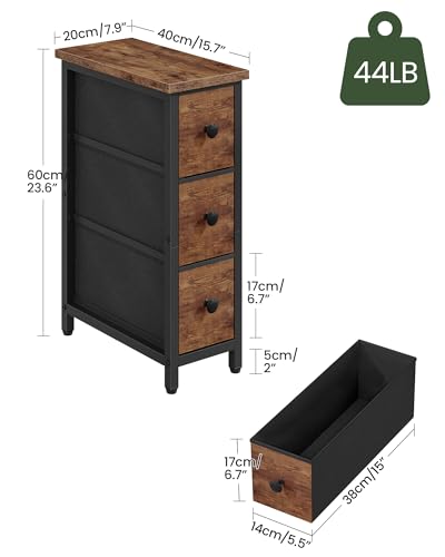 CHOEZON Narrow Side Table with 3 Fabric Drawers, Industrial Slim Bedside Table for Small Spaces, Bedroom, Living Room, Dormitory, Rustic Brown and Black TBZ09BF - color: Rustic Brown + Black