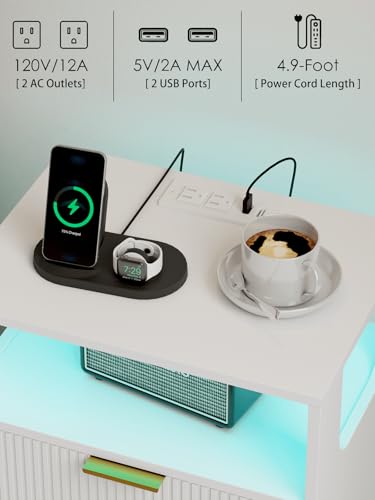 Leomonio Nightstand with Charging Station and LED Lights, Modern Bedside Table with 2 Storage Drawer and Open Wood Shelf for Bedroom and Small Spaces, Night Stand with Solid Wood Legs - color: White-outlet