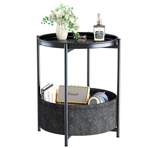 Garden 4 you Side Table with Fabric Storage Basket, Round Metal End Table, Small Bedside Table Nightstand with Removable Tray, for Nursery, Living Room, Bedroom, Bathroom, Black - color: Black