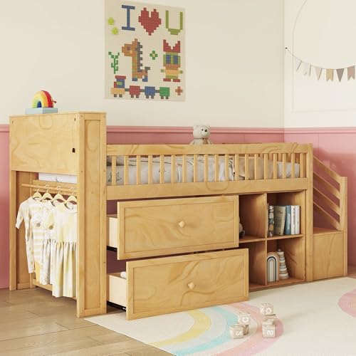 Twin Size Loft Bed with LED and Bookshelf, Wood Low Loft Bed with Stairs,Twin Loft Bed with Storage Drawers and Shelves, Natural