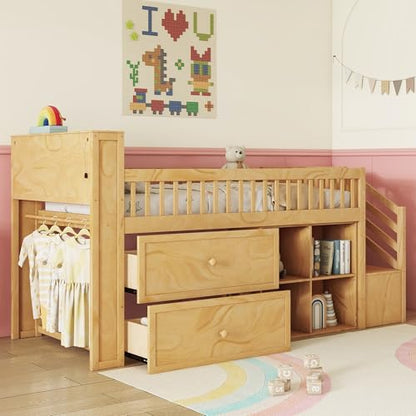 Twin Size Loft Bed with LED and Bookshelf, Wood Low Loft Bed with Stairs,Twin Loft Bed with Storage Drawers and Shelves, Natural