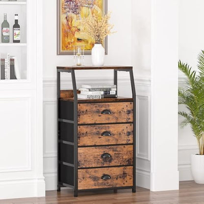 Furnulem Night Stand, Tall 4 Drawers Dresser for Bedroom, Hallway, Nursery, Closet Organizer, Nightstand Bedside Table Furniture, Vertical Storage Tower Fabric, Sturdy Steel Frame, Wood Top - color: Rustic Brown, style: 4 Drawers