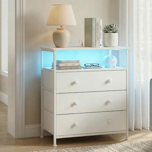 3-Drawer LED Nightstand Set 2 with Charging Station, White | Engineered Wood and Steel, 2 AC and 2 USB ports, 24 Inch Wide, RGB App Control, Fabric Drawers, Open Storage Shelf - color: White, 2 Pack