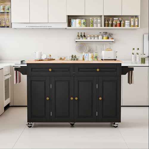 Kitchen Island Cart with Storage on Wheels, 59" Large Rolling Kitchen Island with Drop Leaf, Mobile Island for Kitchen with Towel Rack, Drawers for Dining Room, Black - size: 59.3" W, style: Black