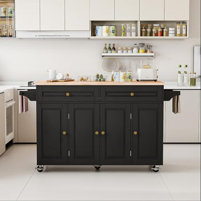 Kitchen Island Cart with Storage on Wheels, 59" Large Rolling Kitchen Island with Drop Leaf, Mobile Island for Kitchen with Towel Rack, Drawers for Dining Room, Black - size: 59.3" W, style: Black