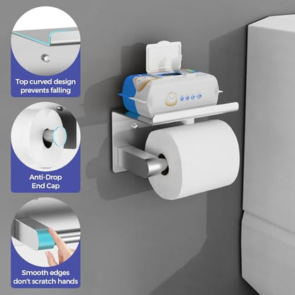 Bntuk Toilet Paper Holder with Shelf, Self-Adhesive or Screw Wall Mount Toilet Paper Holder with Wipes Storage, Rustproof Stainless Steel Tissue Roll Holder for Bathroom Washroom (Brushed Nickel) - color: Silver