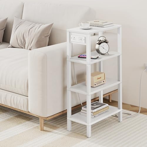 TUTOTAK Narrow Side Table Set of 2, Small End Table with Charging Station | 4-Tier Skinny Sofa Table, Slim Nightstand, Easy Assembly for Living Room, Bedroom, White TB01BW0802 - color: White, size: 4-tier