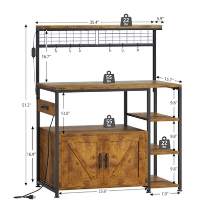 TVU Bakers Rack with Power Outlet and LED Light, Microwave Stand with Storage Cabinet, Coffee Bar Cabinet Station with 6 Hooks for Kitchen, Dining Room, Living Room, Coffee Bar, Rustic Brown, Black - color: Rustic Brown + Black