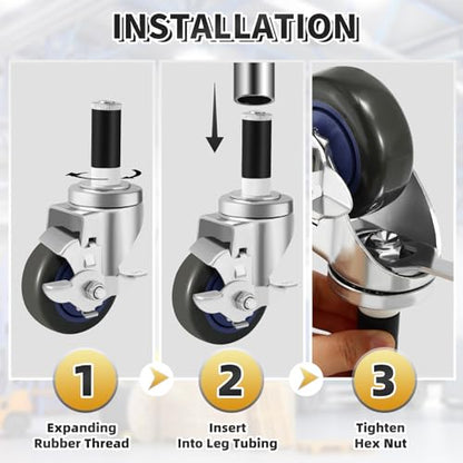 Besitu 3 Inches Prep Table Wheels Set of 4, Expanding Stem Caster Fit 7/8" and 1" ID Tube Leg with Side Brake for Stainless Steel Table, Cart, Furniture Legs, Commercial Kitchen Appliances, Workbench - style: 3 Inch