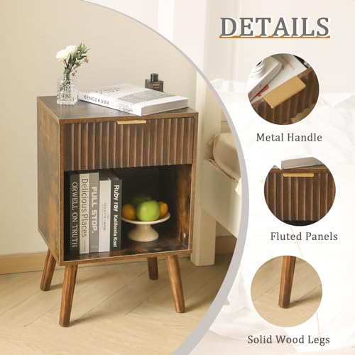 Fultyle Mid Century Modern Nightstand, Wood Bedside Table with Drawer and Open Storage, End Table Living Room Fluted Night Stand with Solid Wood Legs for Bedroom (Rustic Brown) - color: Rustic Brown