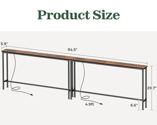 SUPERJARE 94.5 inch Narrow Console Table with Outlet, Sofa Tables, Behind Couch Table, Long Entryway Tables with Charging Station, for Living Room, Rustic Brown - color: Rustic Brown, size: 5.9''D x 94.5''W x 29.7''H