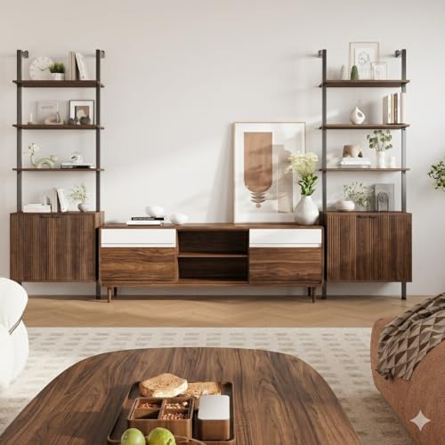 INNOD 74" Tall Bookshelf with Storage Cabinet, Modern Ladder Shelf with Wood and Metal Frame, Wall Mount Bookcase Open Display Shelf Furniture for Living Room, Bedroom, Home Office, Walnut - color: Walnut