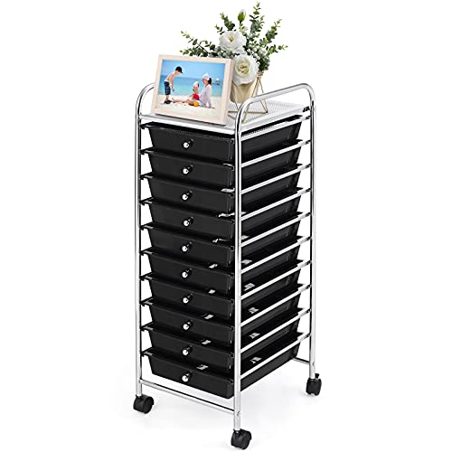 GOFLAME 10-Drawer Rolling Storage Drawer Cart, Utility Cart with Removable Drawers & Metal Frame, Mobile Art Craft Drawer Cart with Lockable Wheels for Home, Office, Studio, School, Black - color: Black, size: 10-Drawer without Wood Top