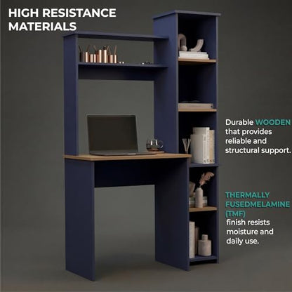 Tuhome Versalles Writing Desk with Hutch & Side Bookcase, Tall 63.9" Vertical Computer Desk, 5 Open Shelves Home Office Desk, Space-Saving Small Desk, Engineered Wood - color: Natural Oak, Blue