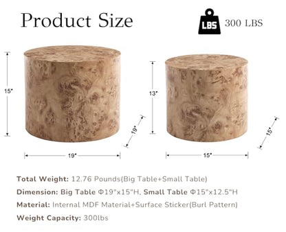 EALSON Nesting Coffee Tables Set of 2 Farmhouse Small Round End Tables Modern Wood Circle Side Table Drum Table for Living Room Small Spaces Bedroom Balcony, No Assembly, Natural Burl - color: Natural Burl