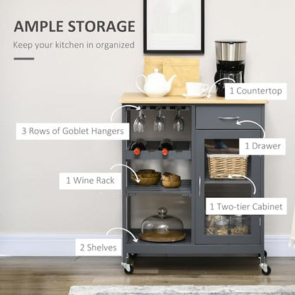 HOMCOM Rolling Kitchen Island with Storage, 4-Bottle Wine Rack, Gray | Small Kitchen Island, Bar Cart with Stemware Holder, Shelves, Drawer and Cabinet