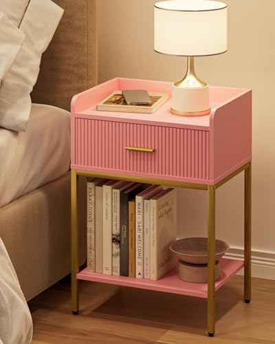 Nightstand, 3-Tier Bed Side Table, Small End Table, Night Stand with Open Shelf and Drawer, Bedside Table for Bedroom, Living Room, Pink - color: Pink, style: Without Charging Station