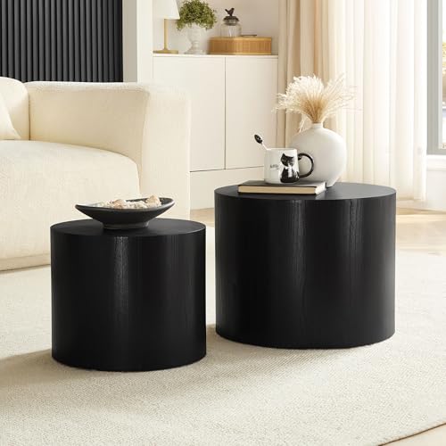 Round Coffee Table Set of 2, Nesting Coffee Table and End Table Set Wood Small Circle Drum Side Table for Living Room Office, No Assembly - color: Black
