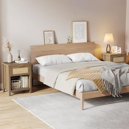 Eclatara Rattan Nightstand Set 2: Boho End Table with Drawer and Storage Shelf, Farmhouse Cane Accent Bedside Night Stands for Bedroom Small Space Sofa (2, Caramel Oak) - color: Caramel Oak (Medium 1 Drawer)