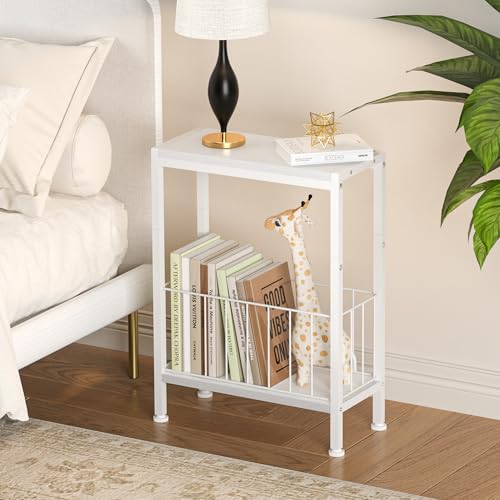 Narrow Side Table, Skinny End Tables with Magazine Holder, Small Sofa Table for Small Spaces, Space-Saving Design, Slim Nightstand Bedside Table for Living Room, Bedroom, Office, White - color: White