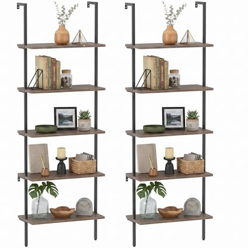 aboxoo Ladder Shelf 2PCS Open Bookshelf 5-Tier Wall-Mounted Wood Bookcase Rack Open Back Industrial Modern Plant Flower Stand Utility OrganizerMetal Frame Furniture Office Kitchen Bedroom (Brown) - color: Rustic Brown 5-tier, size: 2PCS