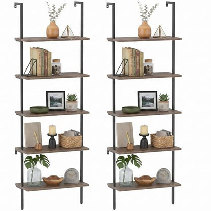 aboxoo Ladder Shelf 2PCS Open Bookshelf 5-Tier Wall-Mounted Wood Bookcase Rack Open Back Industrial Modern Plant Flower Stand Utility OrganizerMetal Frame Furniture Office Kitchen Bedroom (Brown) - color: Rustic Brown 5-tier, size: 2PCS